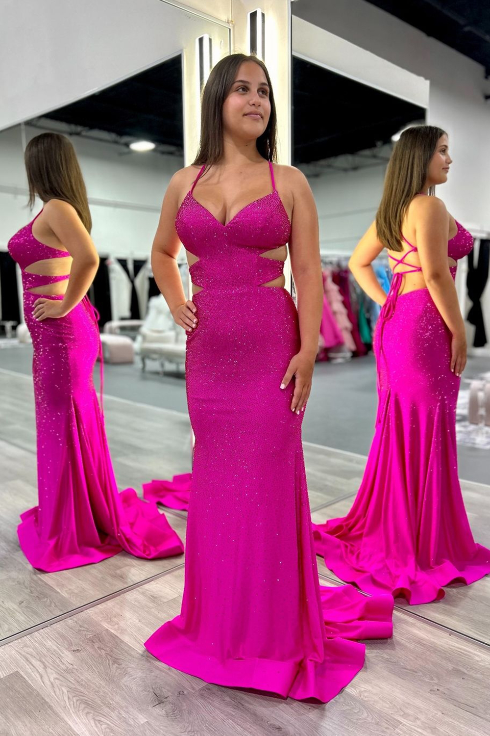 Black Glitter Spaghetti Strap Mermaid Gown with Cut-out Detail and Beaded Accents