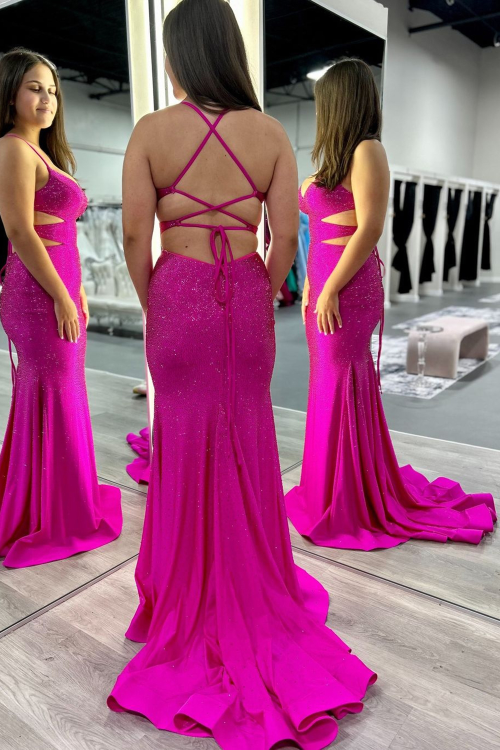 Black Glitter Spaghetti Strap Mermaid Gown with Cut-out Detail and Beaded Accents