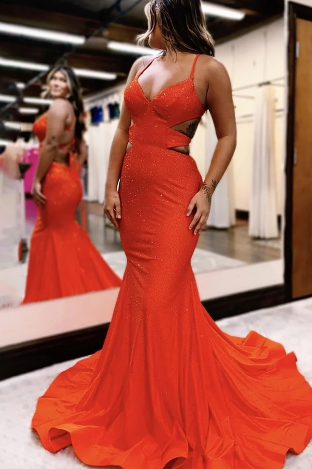 Black Glitter Spaghetti Strap Mermaid Gown with Cut-out Detail and Beaded Accents