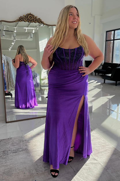 Long Beaded Fuchsia Strapless Mermaid Prom Dress with Slit