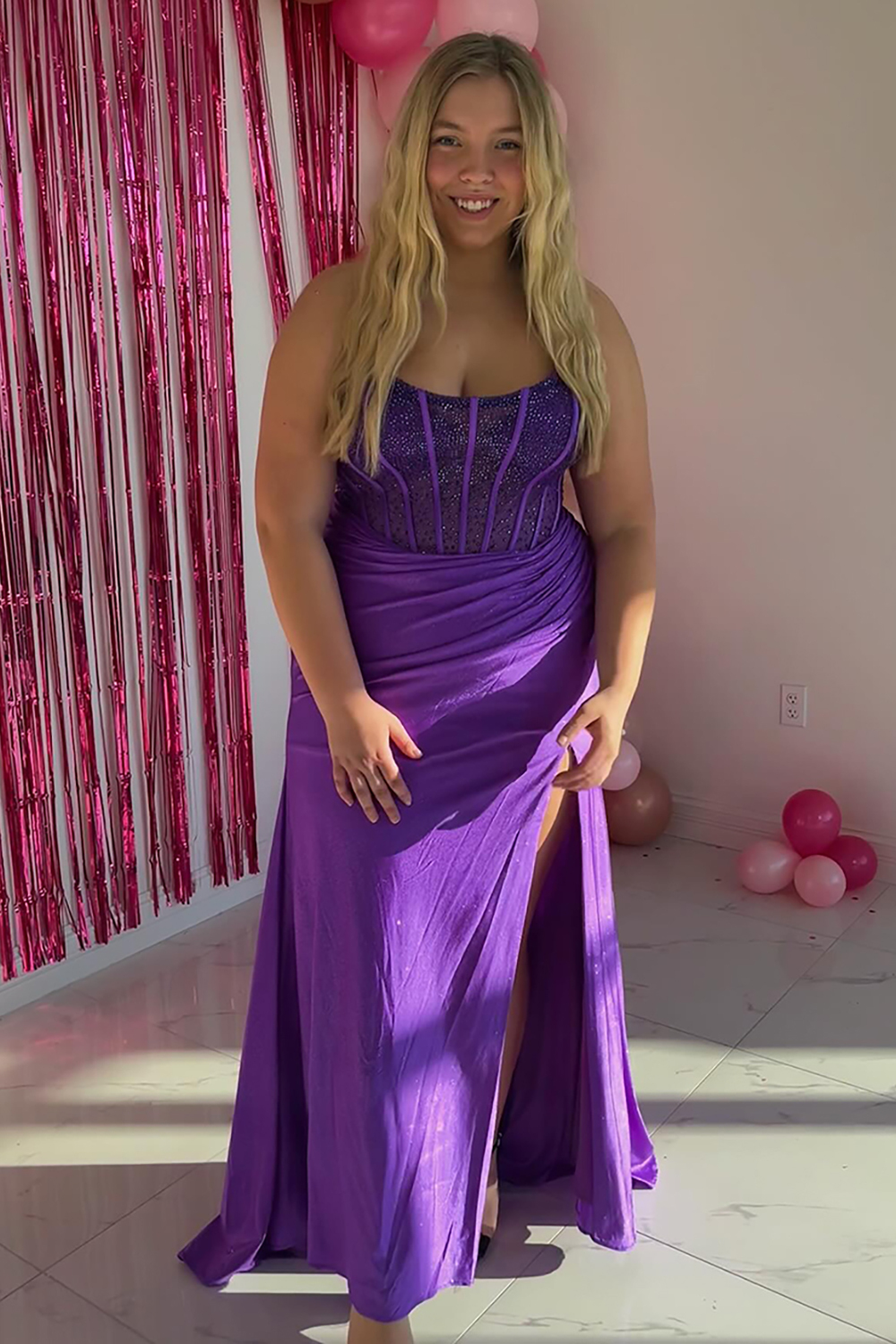 Long Beaded Fuchsia Strapless Mermaid Prom Dress with Slit