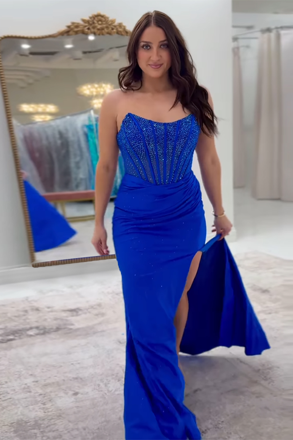 Long Beaded Fuchsia Strapless Mermaid Prom Dress with Slit