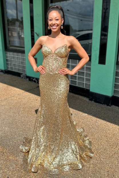 Golden Sparkle Strapless Long Mermaid Corset Dress with Sequins