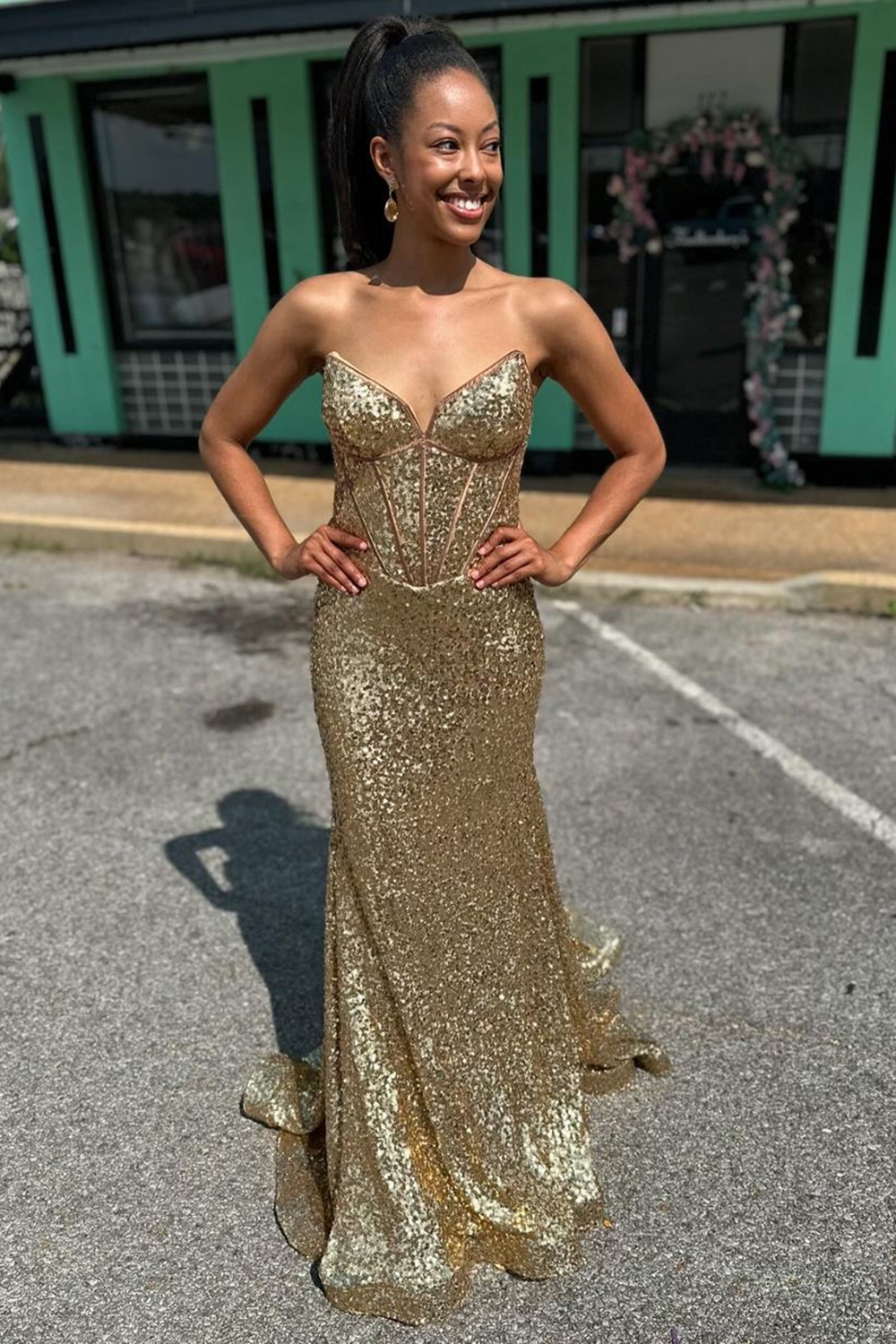 Golden Sparkle Strapless Long Mermaid Corset Dress with Sequins