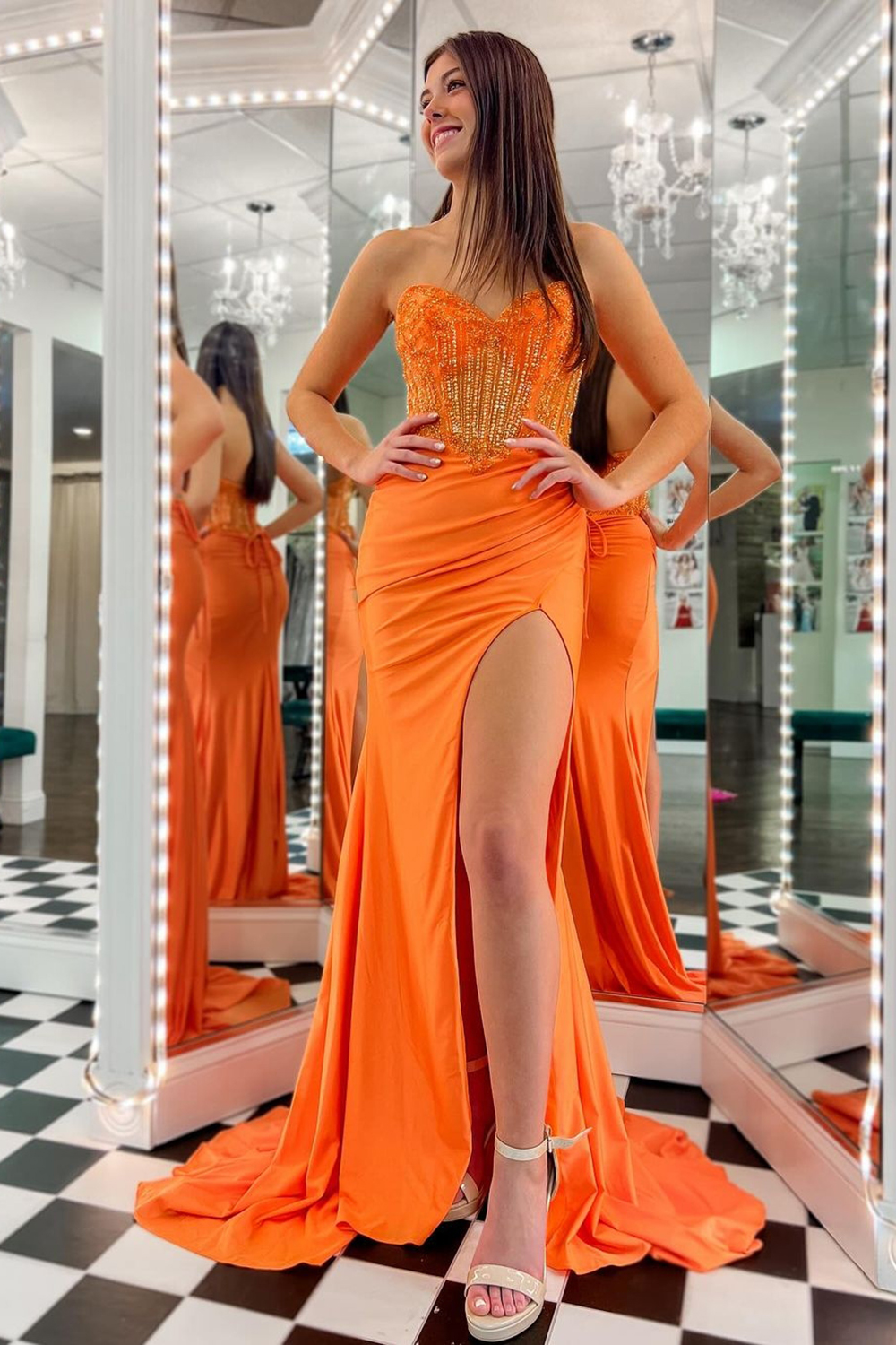Long Satin Mermaid Prom Dress in Orange with Sweetheart Neckline and Beading