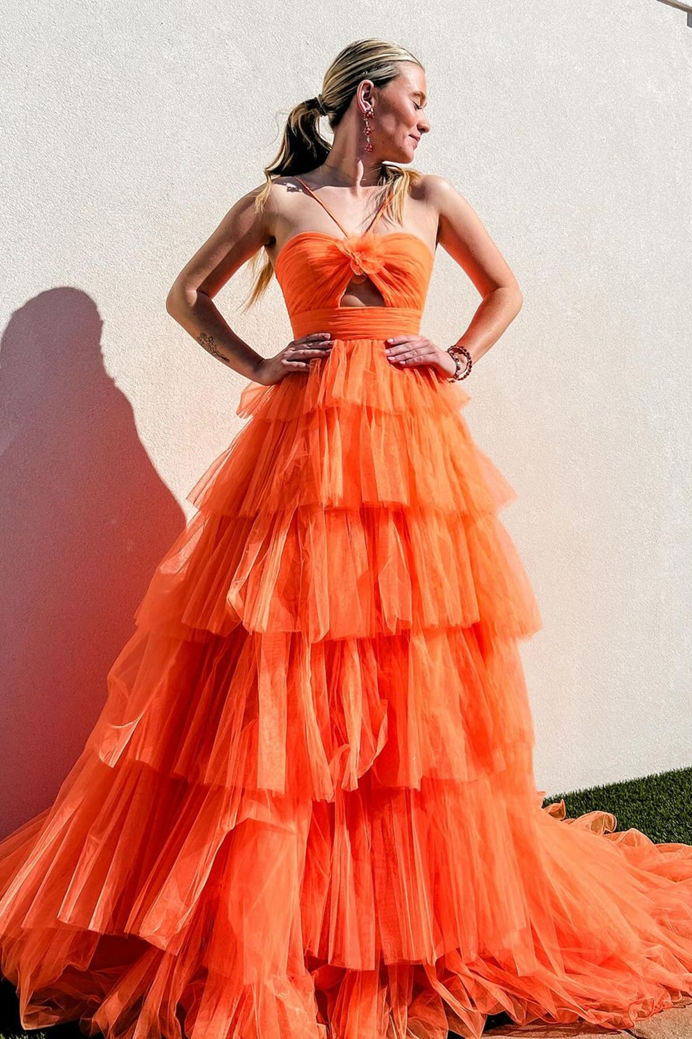 Long Halter Prom Dress in Yellow with Tiered A-Line Tulle