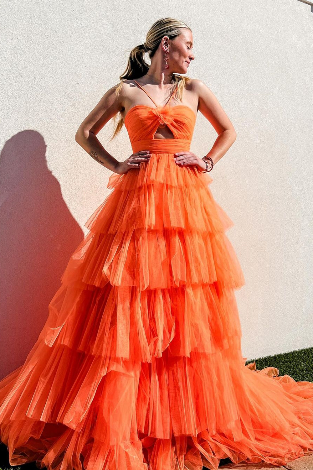 Long Halter Prom Dress in Yellow with Tiered A-Line Tulle