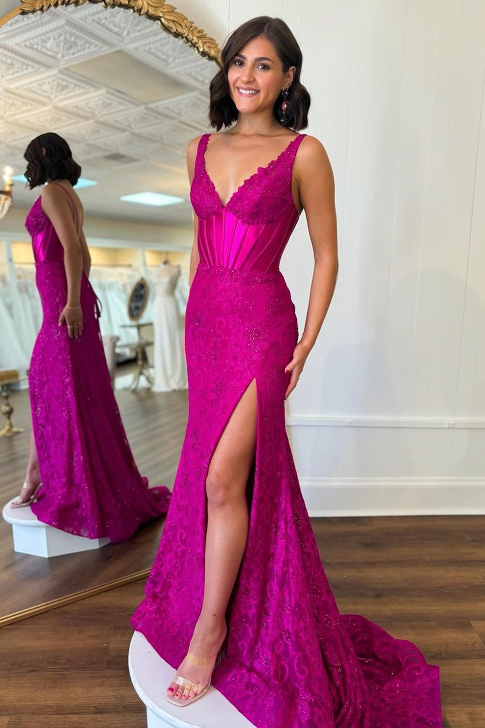 Long Mermaid Prom Dress with Fuchsia Lace and Spaghetti Straps Featuring a Slit