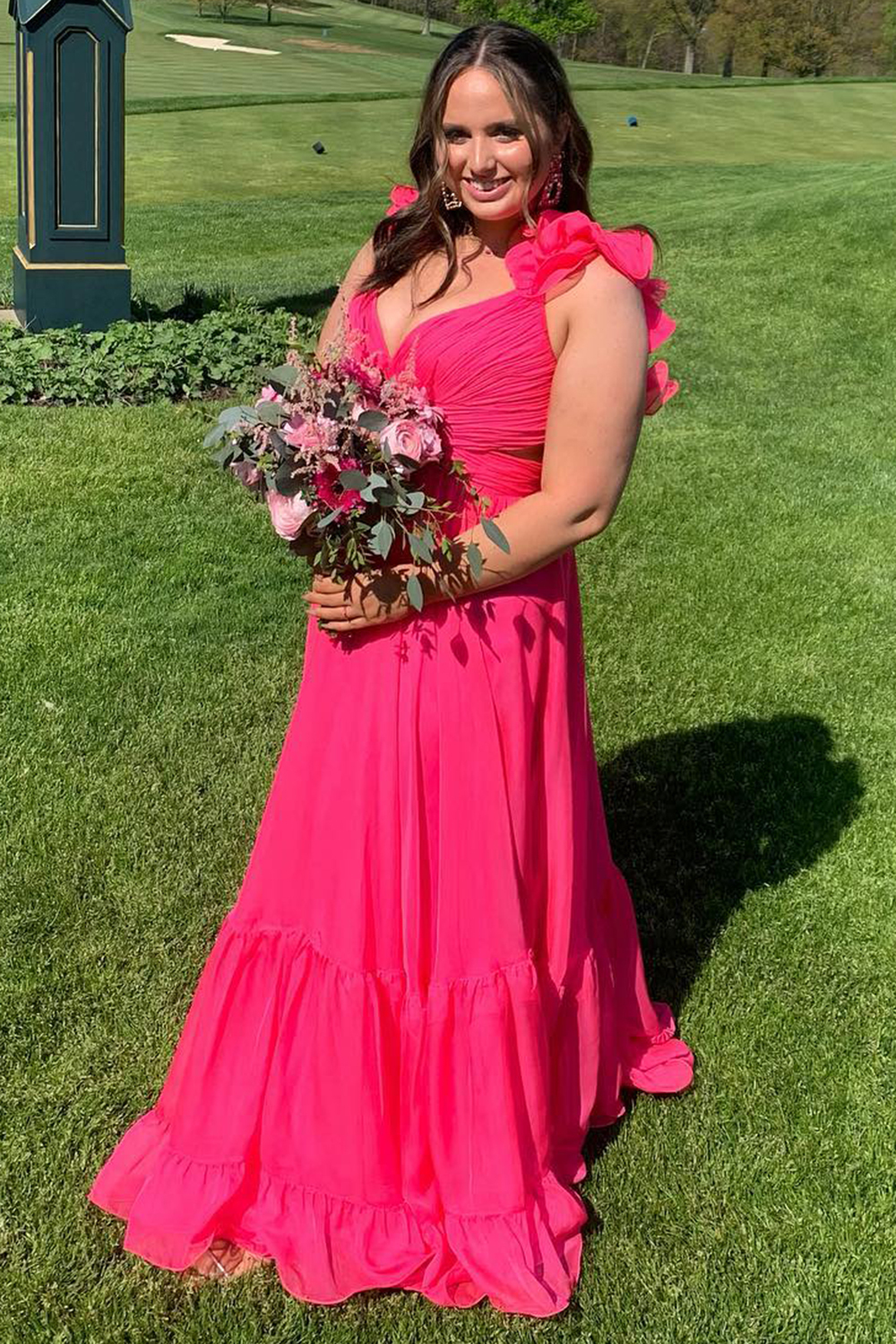 Long Fuchsia Prom Dress with V-Neck A-Line Cut Open Back and Ruffles