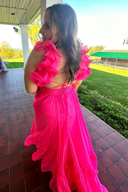 Long Fuchsia Prom Dress with V-Neck A-Line Cut Open Back and Ruffles