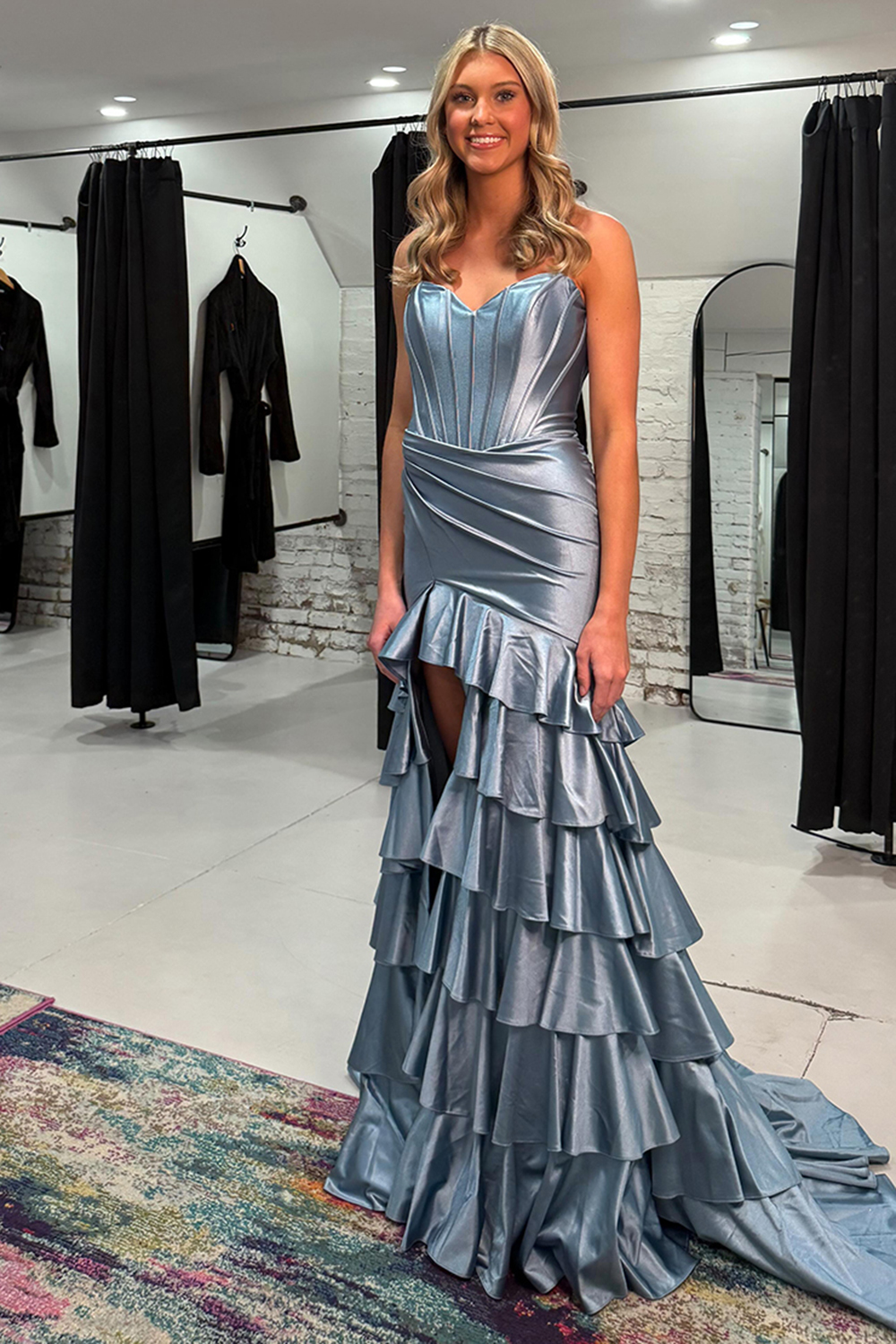 Long Strapless Satin Prom Dress in Grey Blue with Tiered Corset and Slit