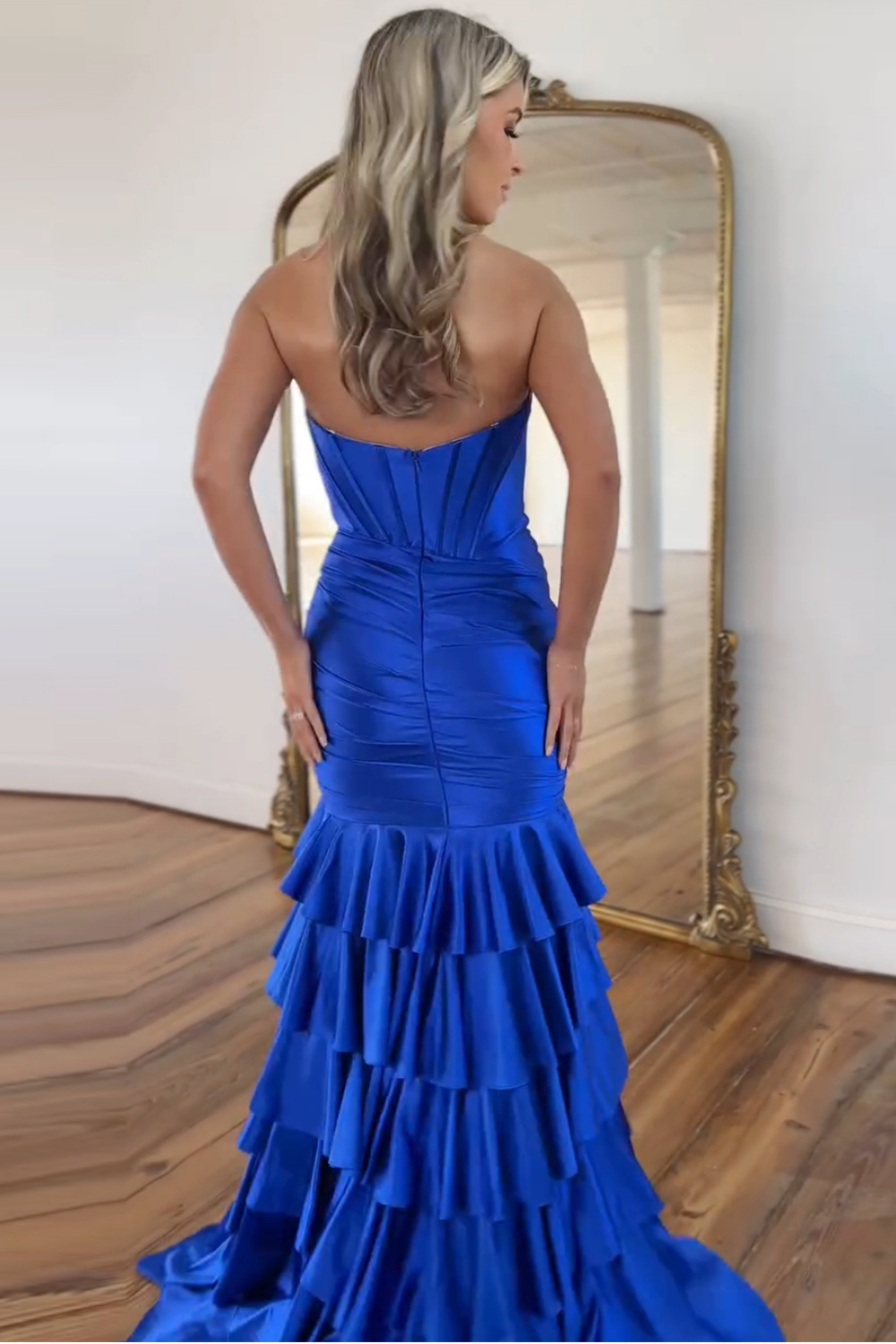 Sweetheart Corset Prom Dress in Light Blue with Tiered Satin Skirt and Slit