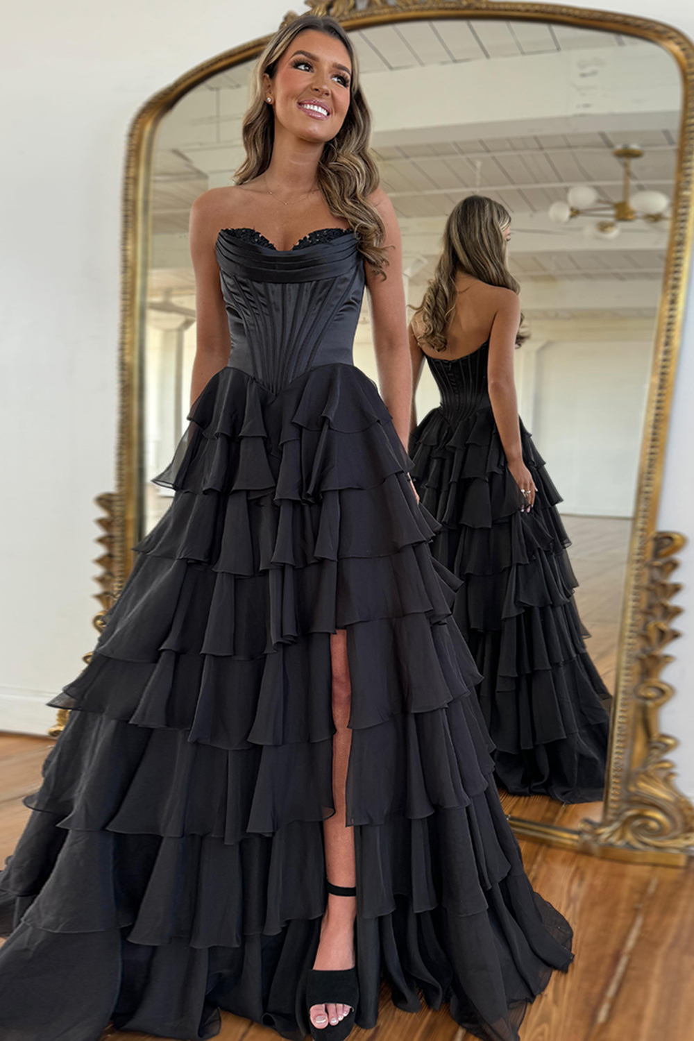 Black A-Line Long Chiffon Corset Prom Dress with Tiered Slit