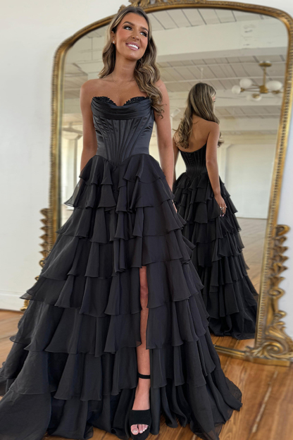 Black A-Line Long Chiffon Corset Prom Dress with Tiered Slit