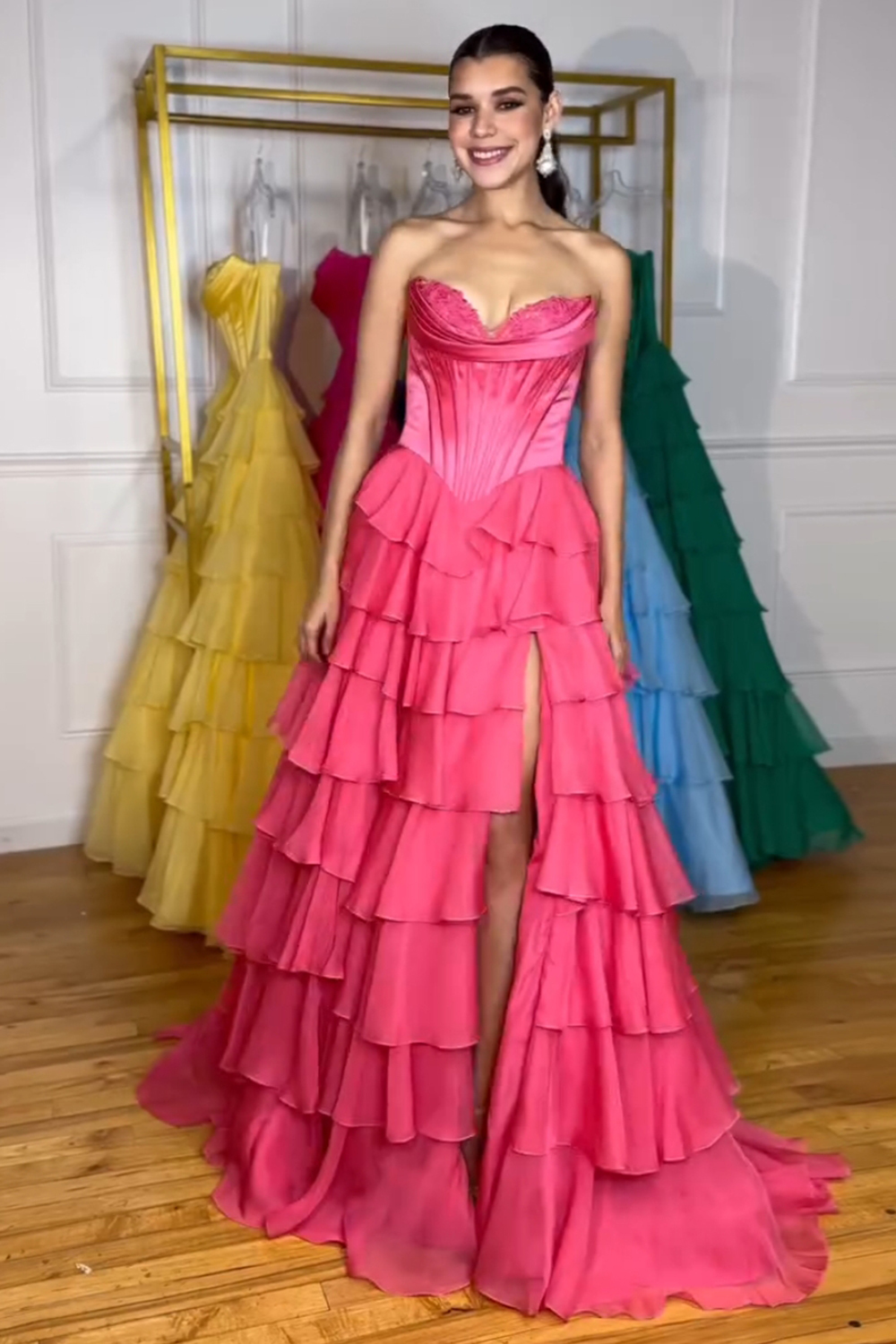 Black A-Line Long Chiffon Corset Prom Dress with Tiered Slit