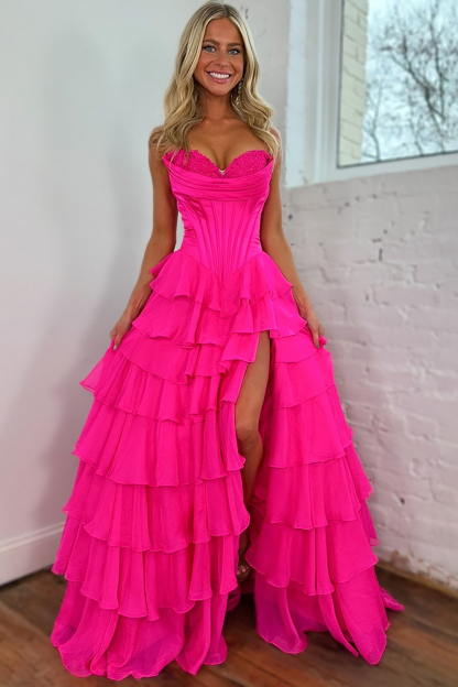 Black A-Line Long Chiffon Corset Prom Dress with Tiered Slit