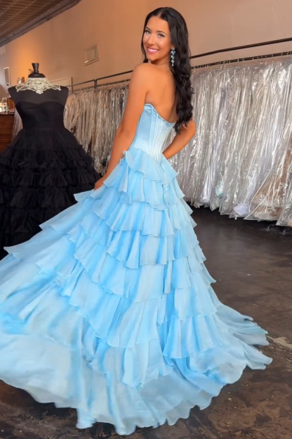 Black A-Line Long Chiffon Corset Prom Dress with Tiered Slit