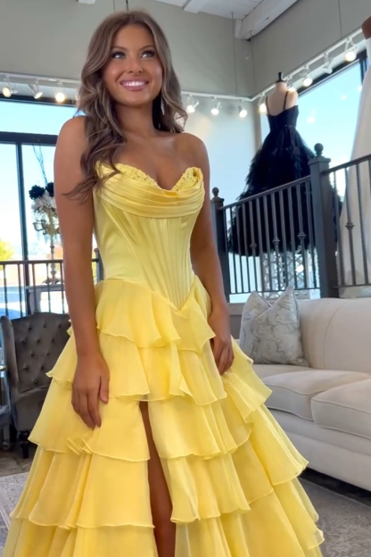 Black A-Line Long Chiffon Corset Prom Dress with Tiered Slit