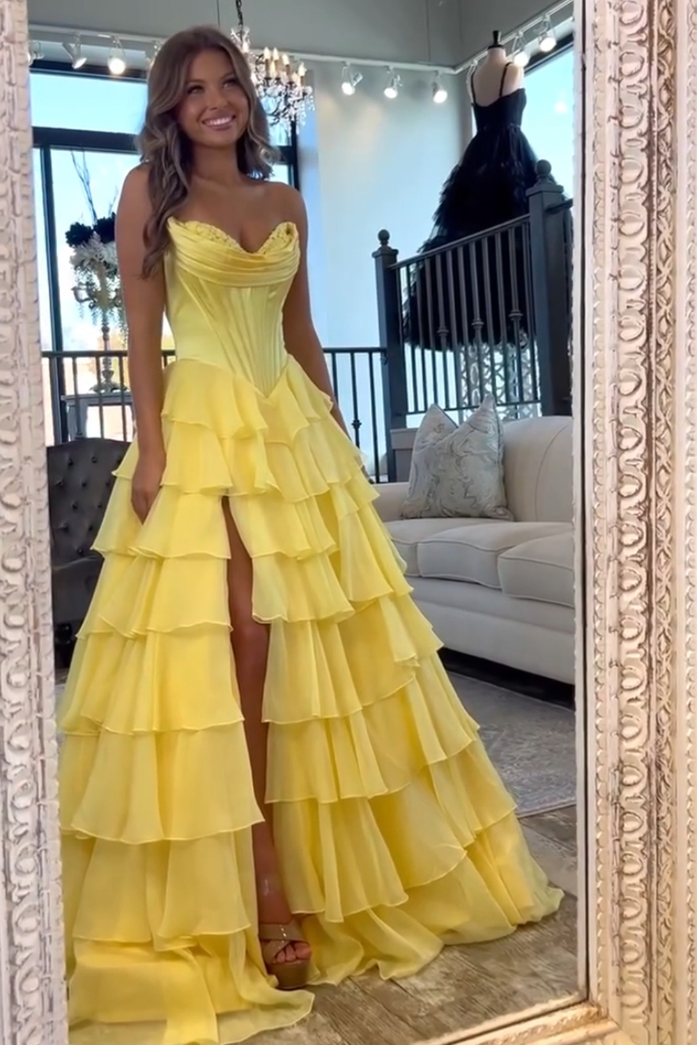 Black A-Line Long Chiffon Corset Prom Dress with Tiered Slit