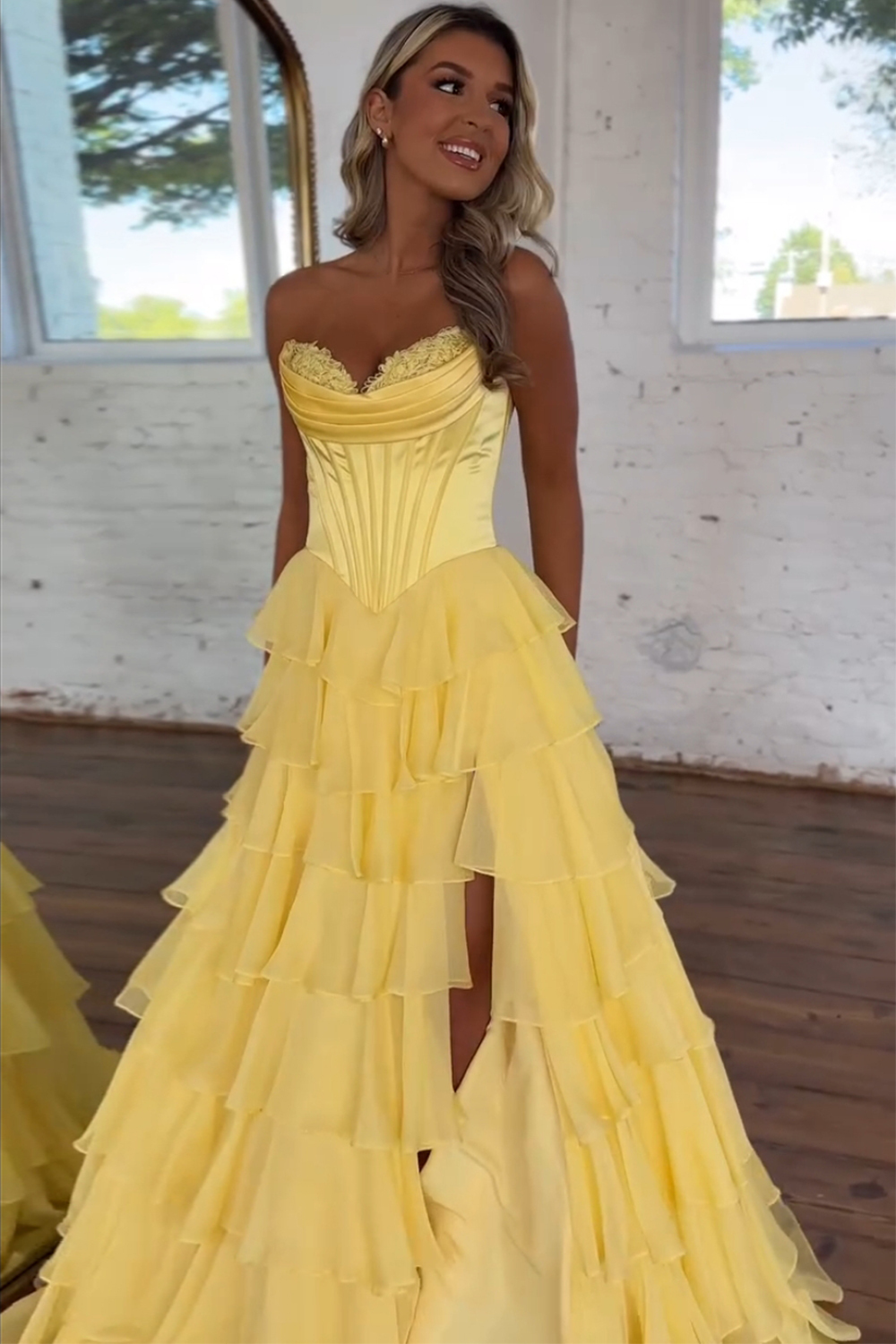 Sweetheart Blue Chiffon Corset Prom Dress with Ruffled A-Line and Long Slit