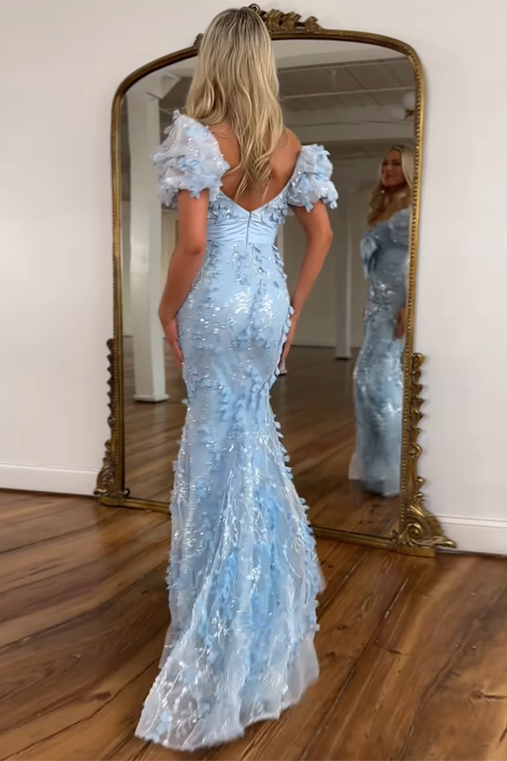 Long Corset Prom Dress with Sparkly Blue Floral Puff Sleeves and Bowknot