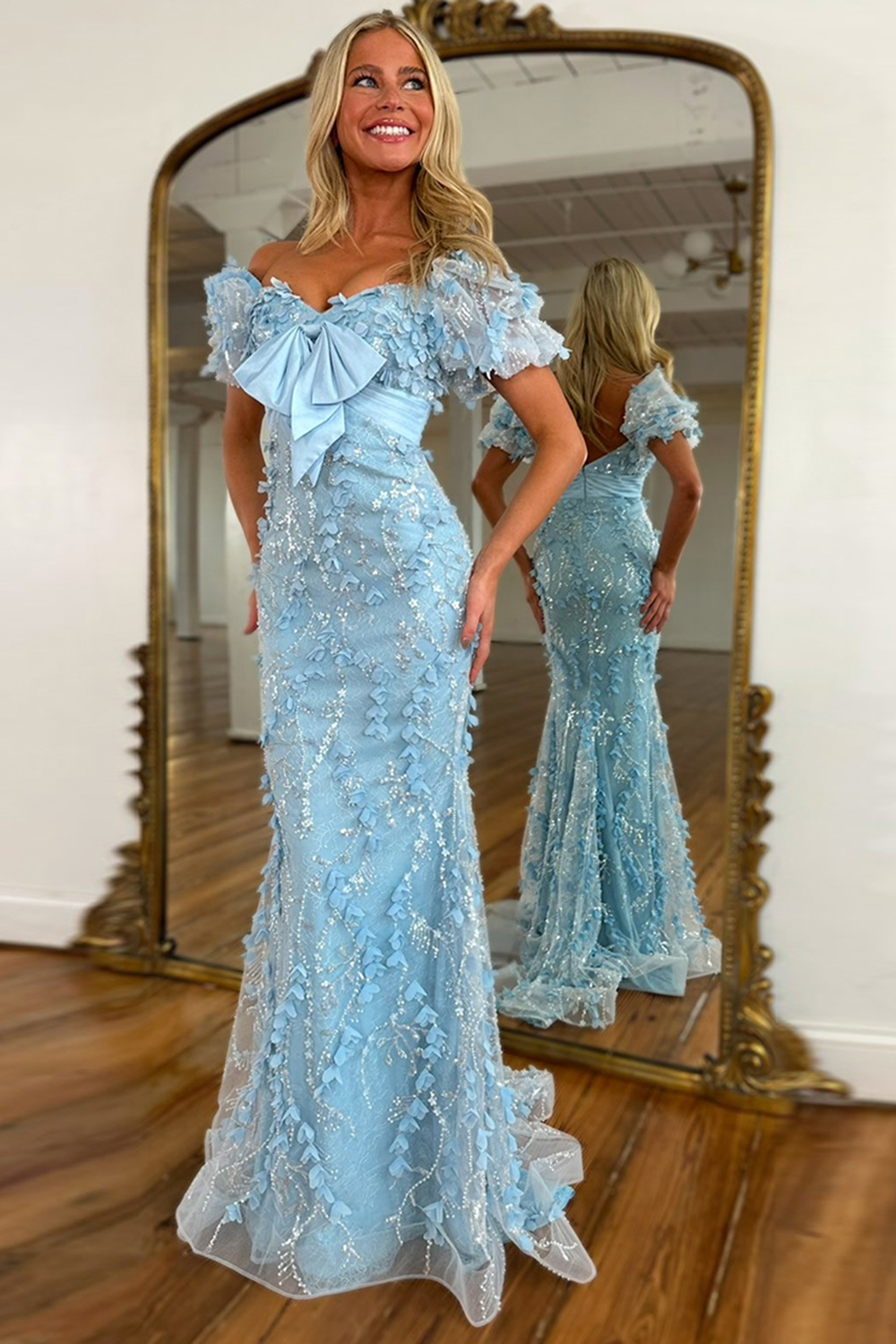 Long Corset Prom Dress with Sparkly Blue Floral Puff Sleeves and Bowknot