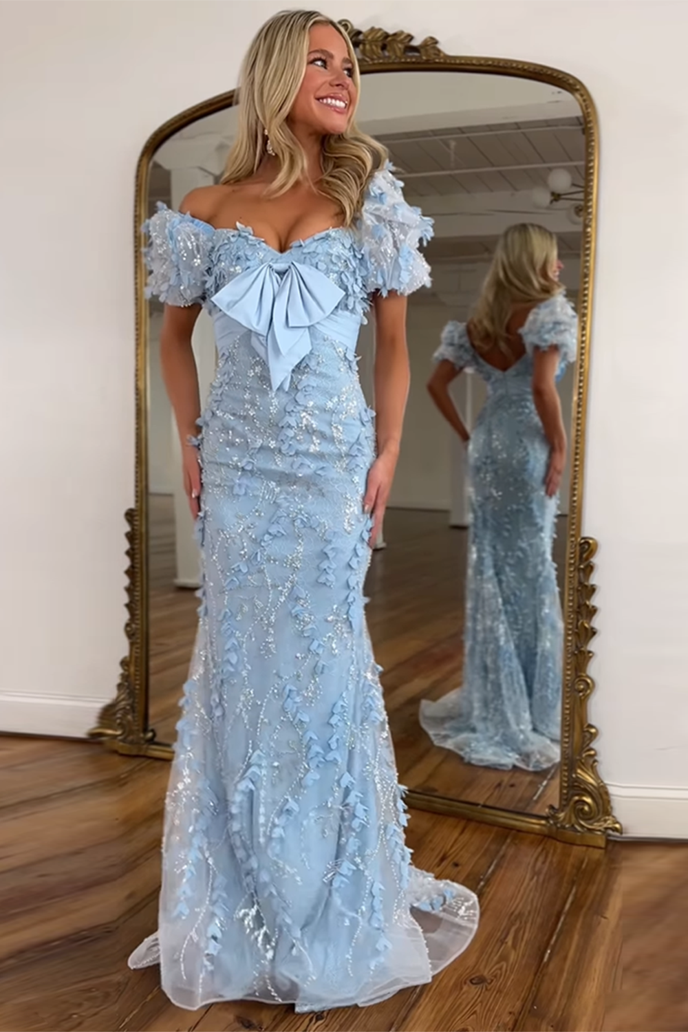 Long Corset Prom Dress with Sparkly Blue Floral Puff Sleeves and Bowknot