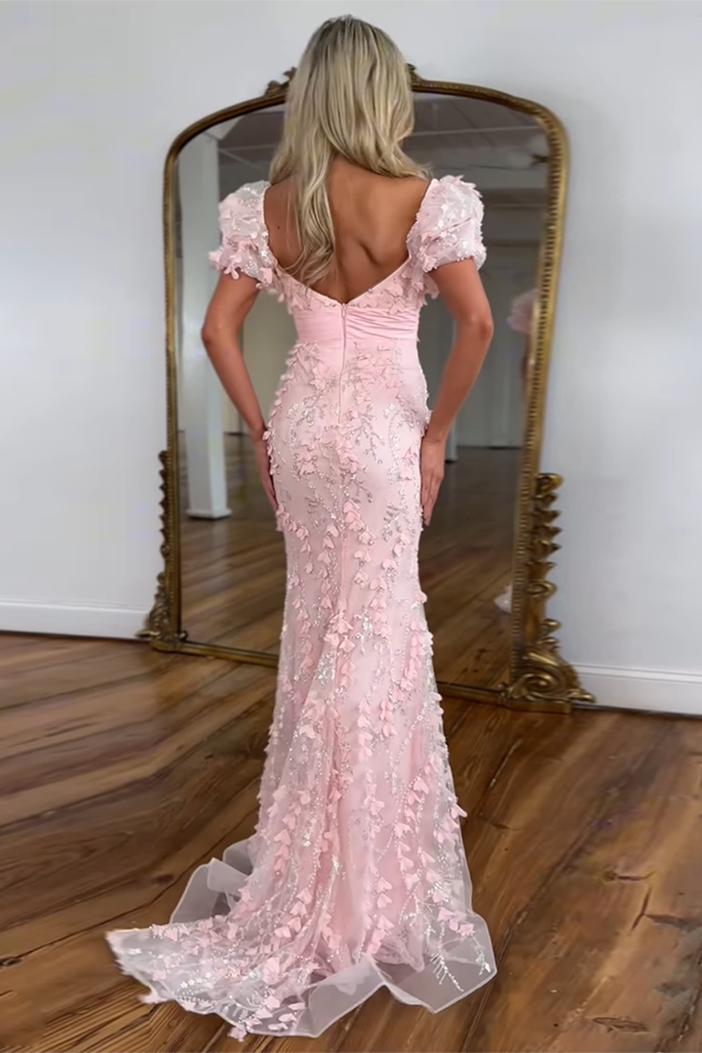 Long Corset Prom Dress with Sparkly Blue Floral Puff Sleeves and Bowknot