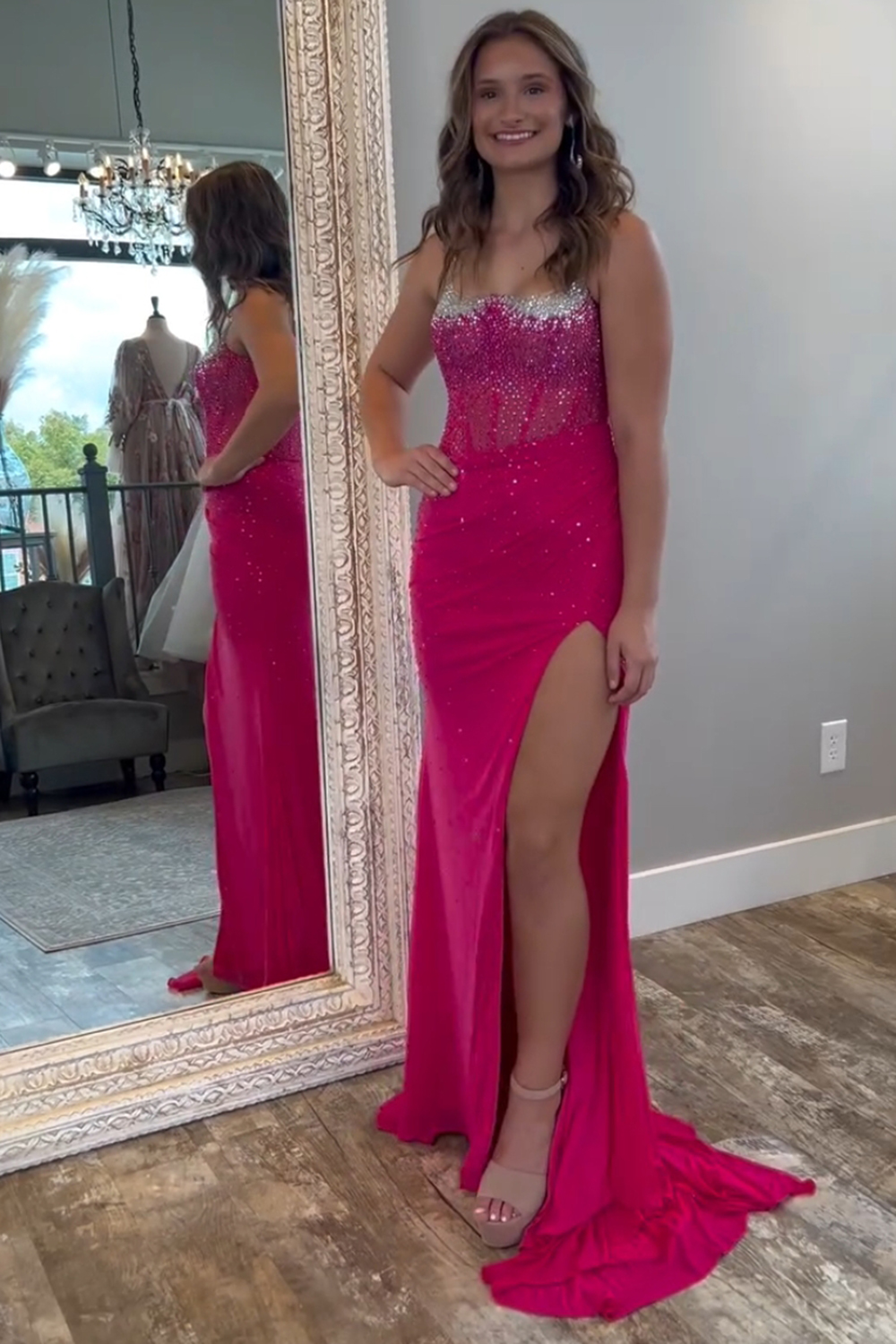 Long Mermaid Prom Dress with Dark Green Spaghetti Straps Beaded Corset and Slit