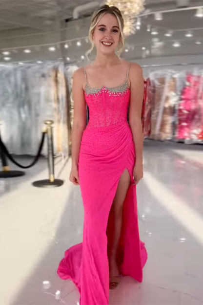 Long Mermaid Prom Dress with Dark Green Spaghetti Straps Beaded Corset and Slit