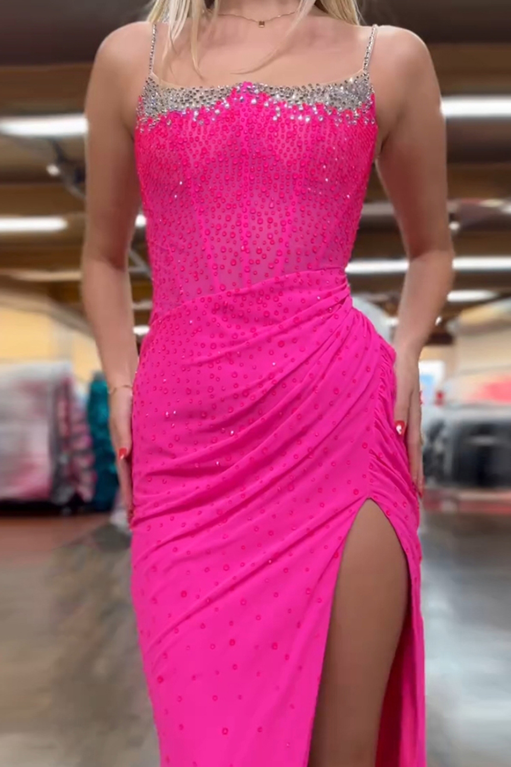 Long Fuchsia Beaded Sheath Prom Dress with Sparkly Slit Corset
