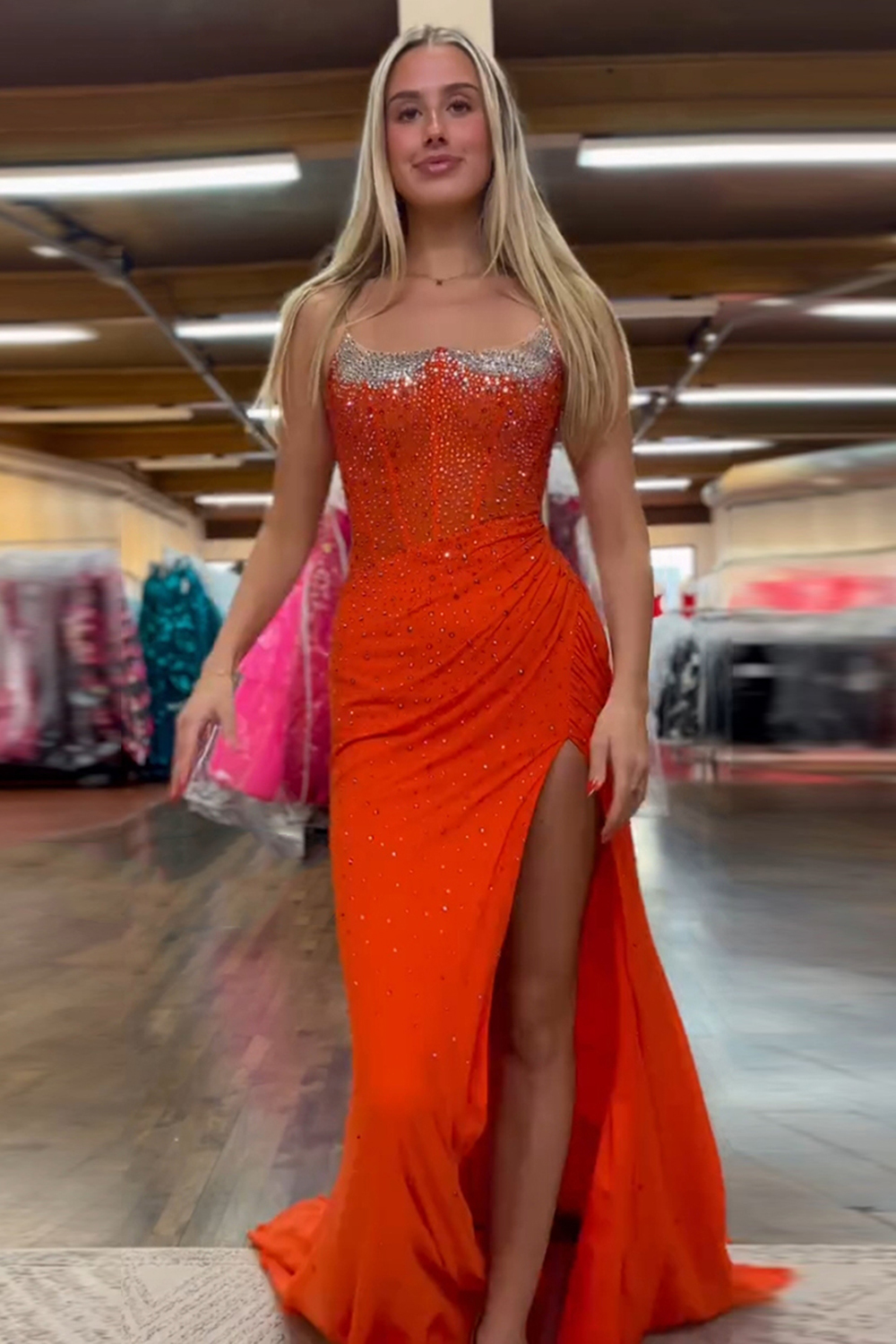 Long Fuchsia Beaded Sheath Prom Dress with Sparkly Slit Corset