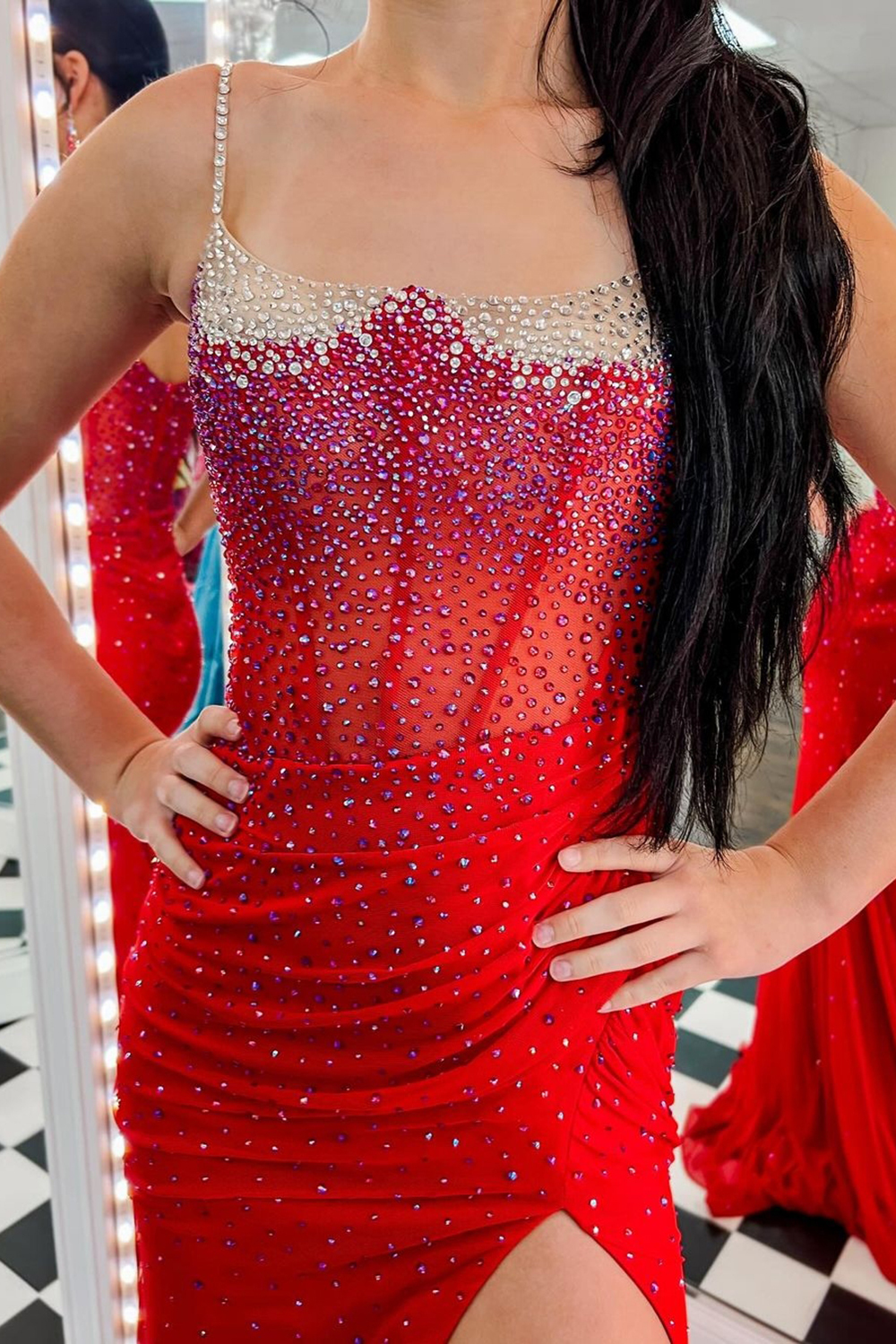 Long Mermaid Prom Dress with Dark Green Spaghetti Straps Beaded Corset and Slit