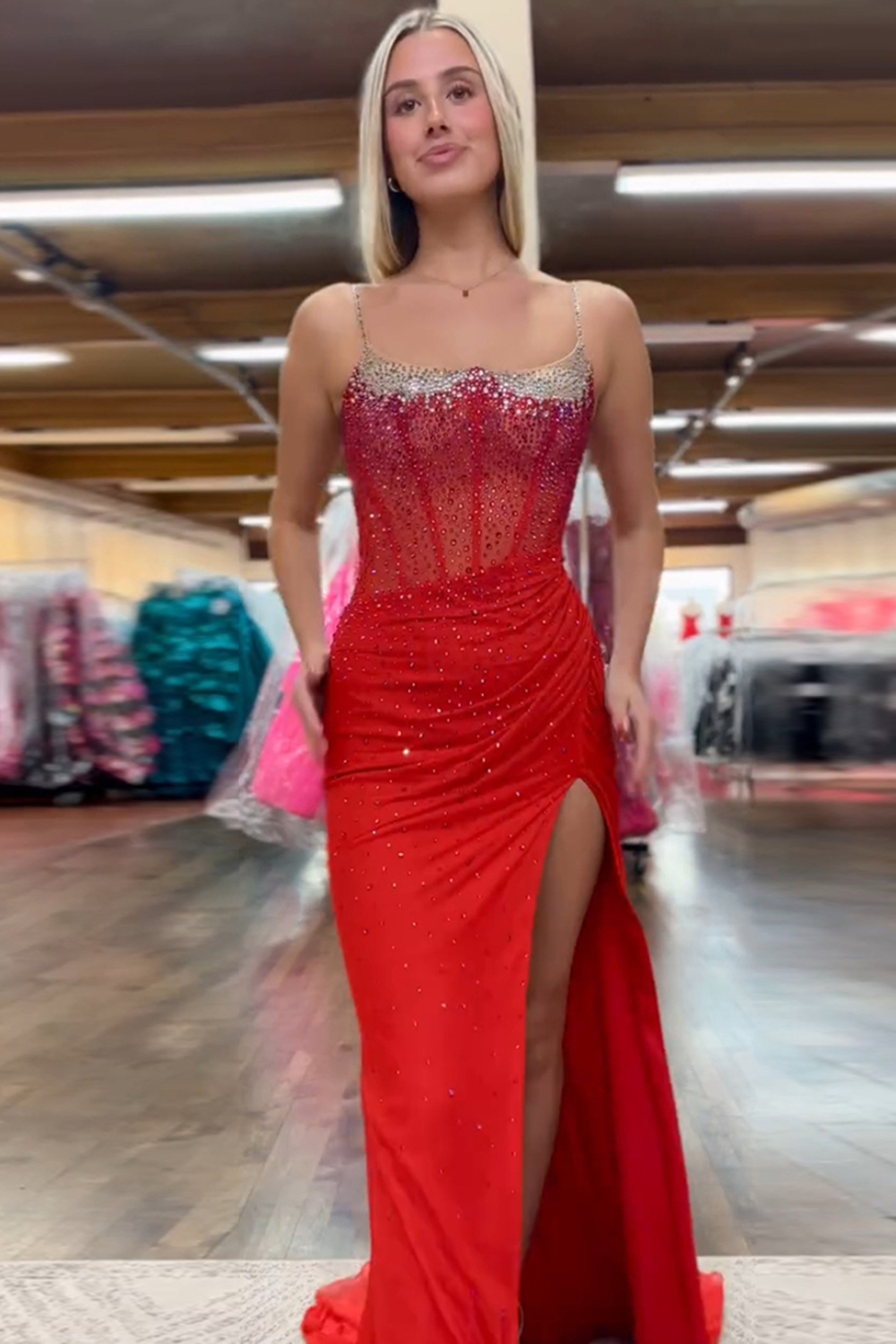 Long Fuchsia Beaded Sheath Prom Dress with Sparkly Slit Corset