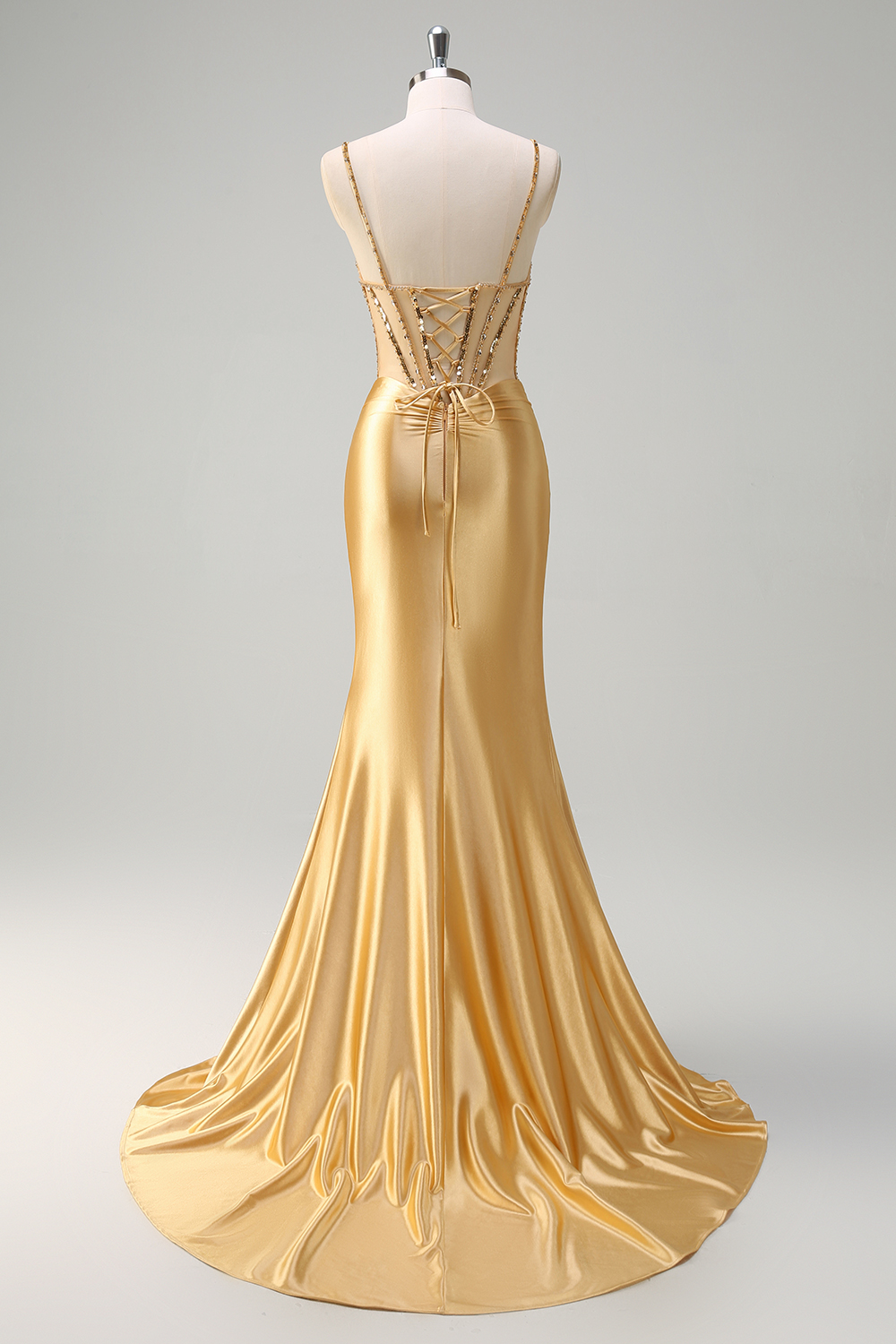 Long Corset Prom Dress with Sparkly Gold Mermaid Spaghetti Straps and Slit
