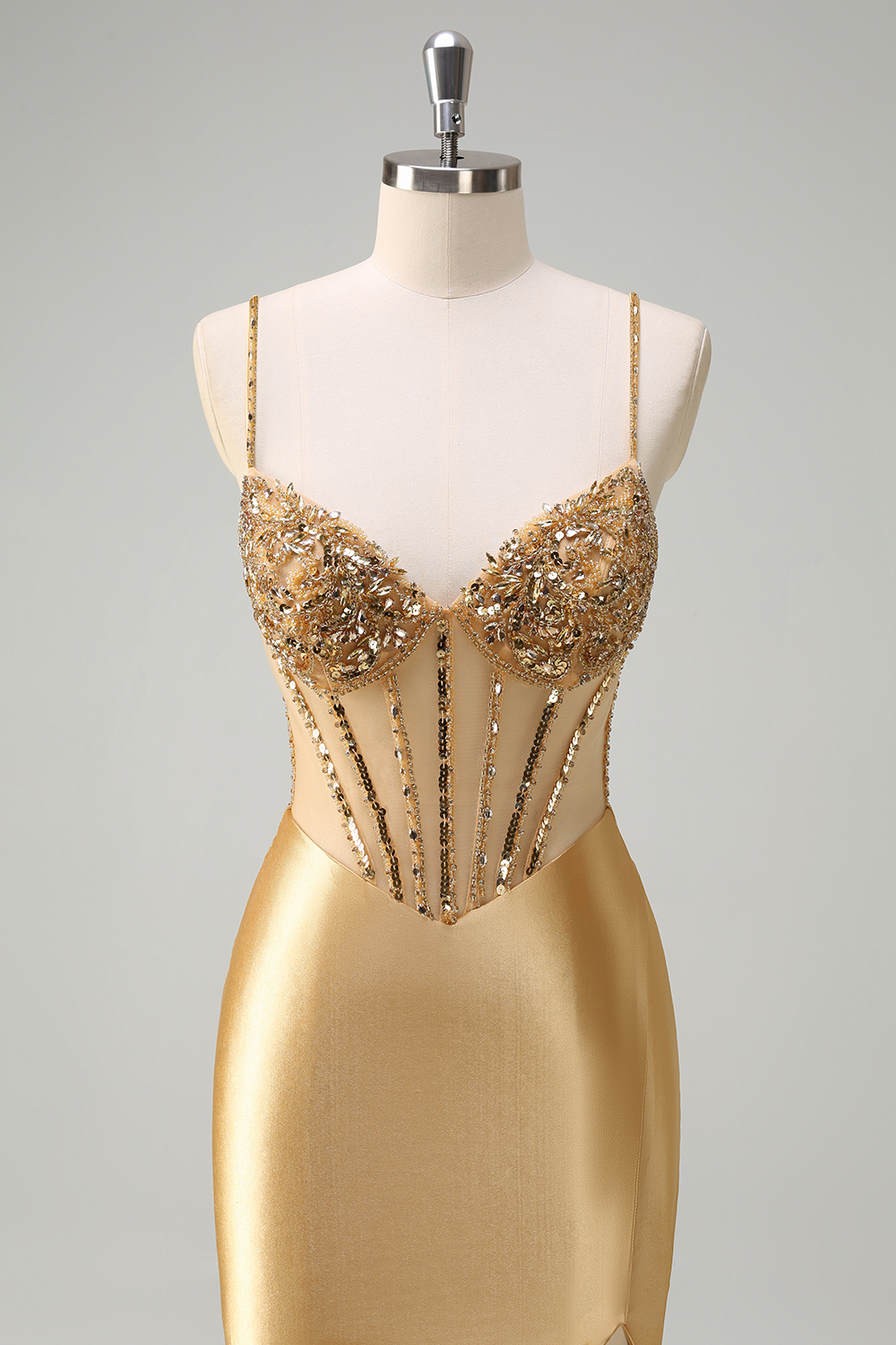 Long Corset Prom Dress with Sparkly Gold Mermaid Spaghetti Straps and Slit