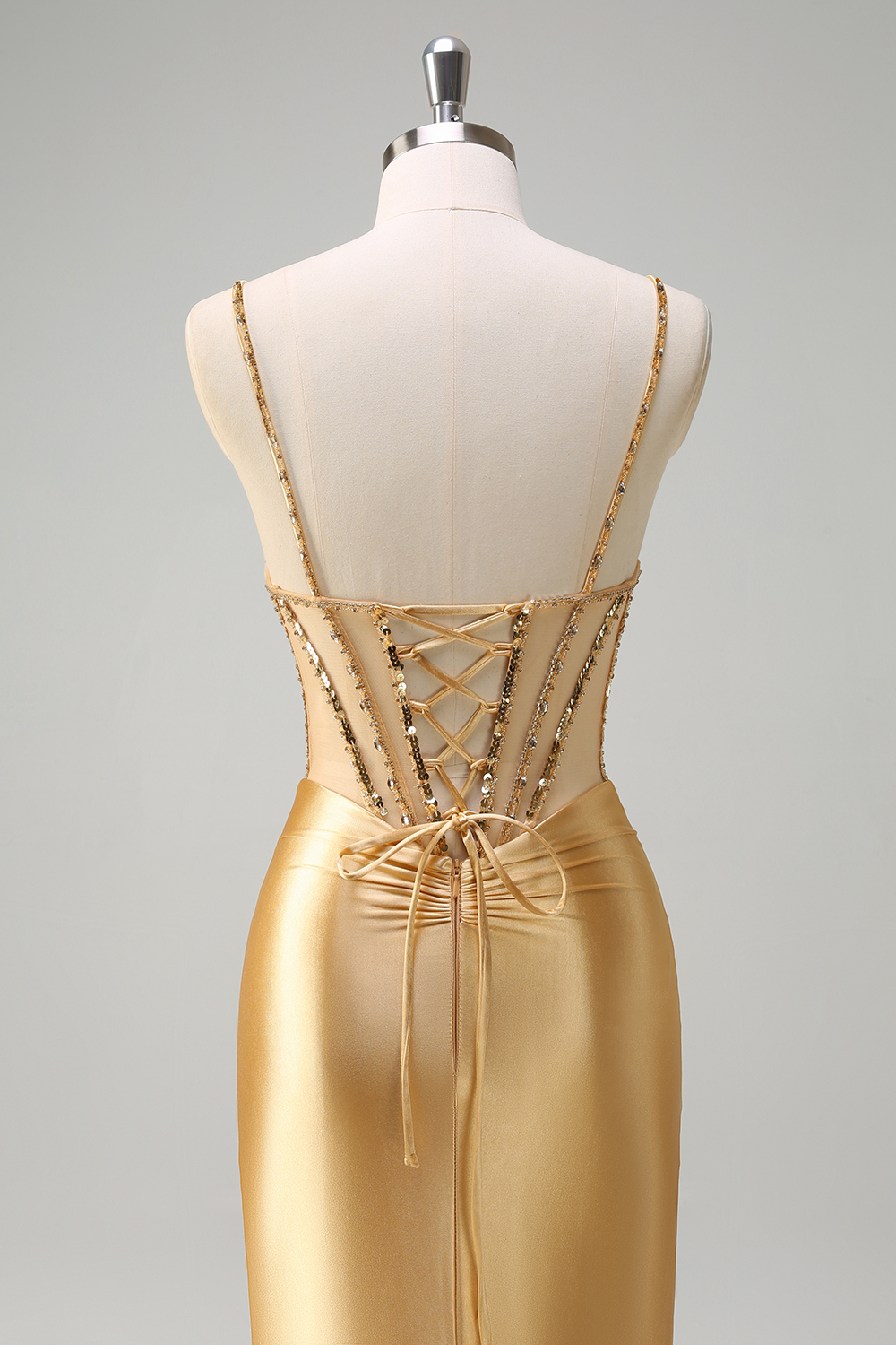Long Corset Prom Dress with Sparkly Gold Mermaid Spaghetti Straps and Slit