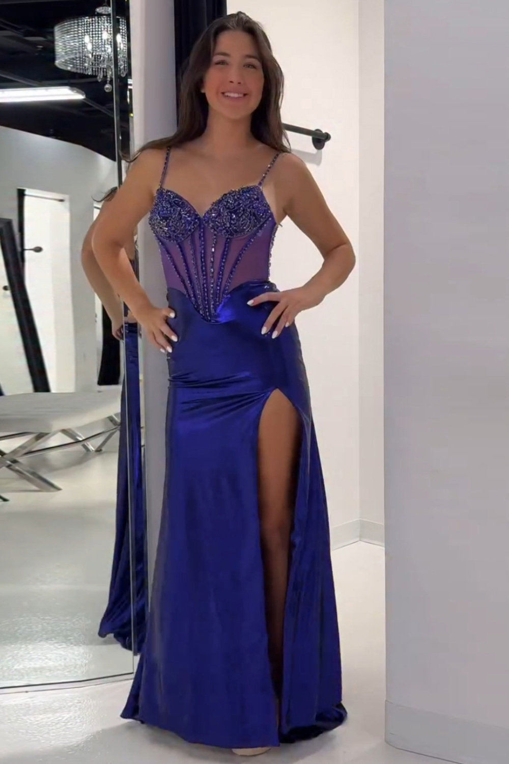 Long Corset Prom Dress with Sparkly Gold Mermaid Spaghetti Straps and Slit