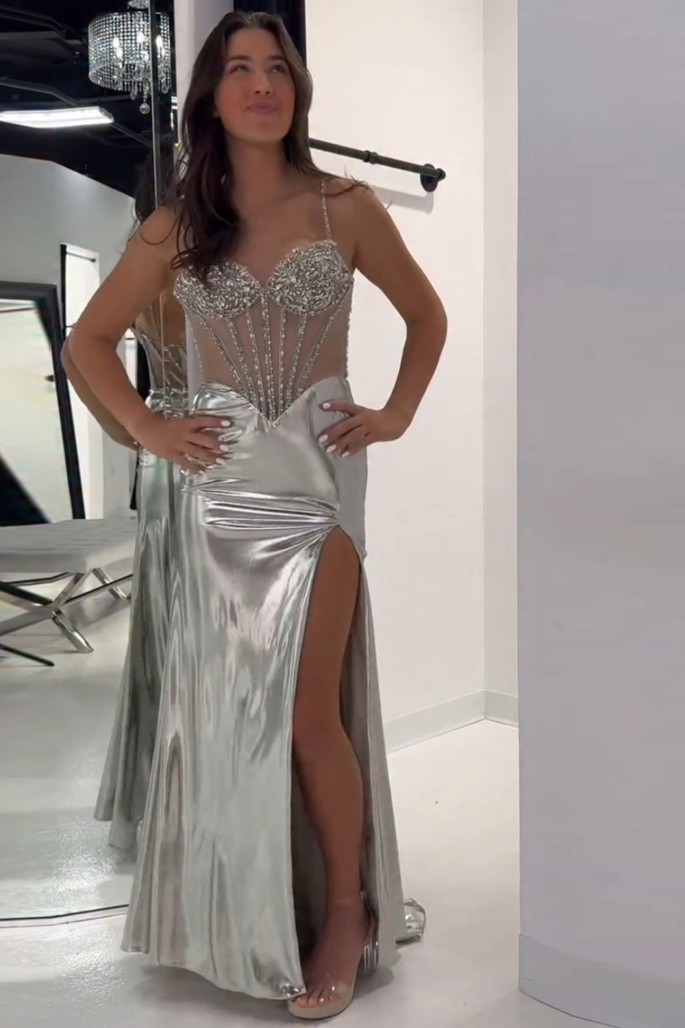 Long Corset Prom Dress with Sparkly Gold Mermaid Spaghetti Straps and Slit