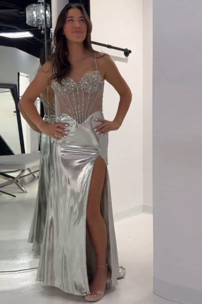 Long Corset Prom Dress with Sparkly Gold Mermaid Spaghetti Straps and Slit