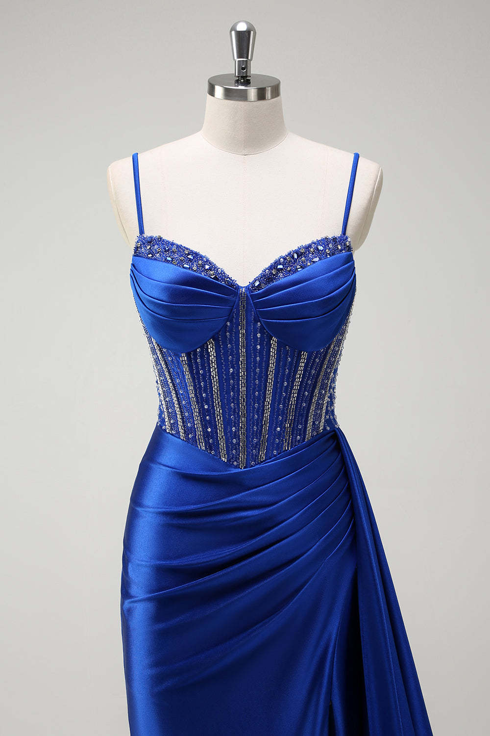 Royal Blue Satin Mermaid Prom Dress with Glitter Beading and Spaghetti Straps
