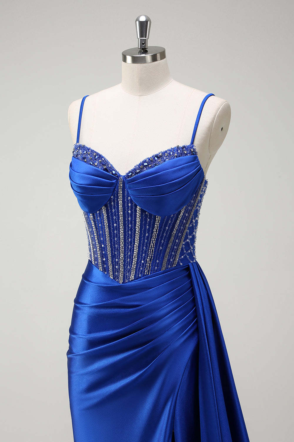 Royal Blue Satin Mermaid Prom Dress with Glitter Beading and Spaghetti Straps