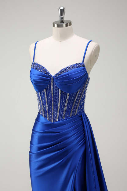 Royal Blue Satin Mermaid Prom Dress with Glitter Beading and Spaghetti Straps