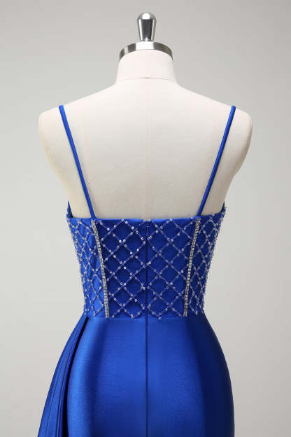 Royal Blue Satin Mermaid Prom Dress with Glitter Beading and Spaghetti Straps