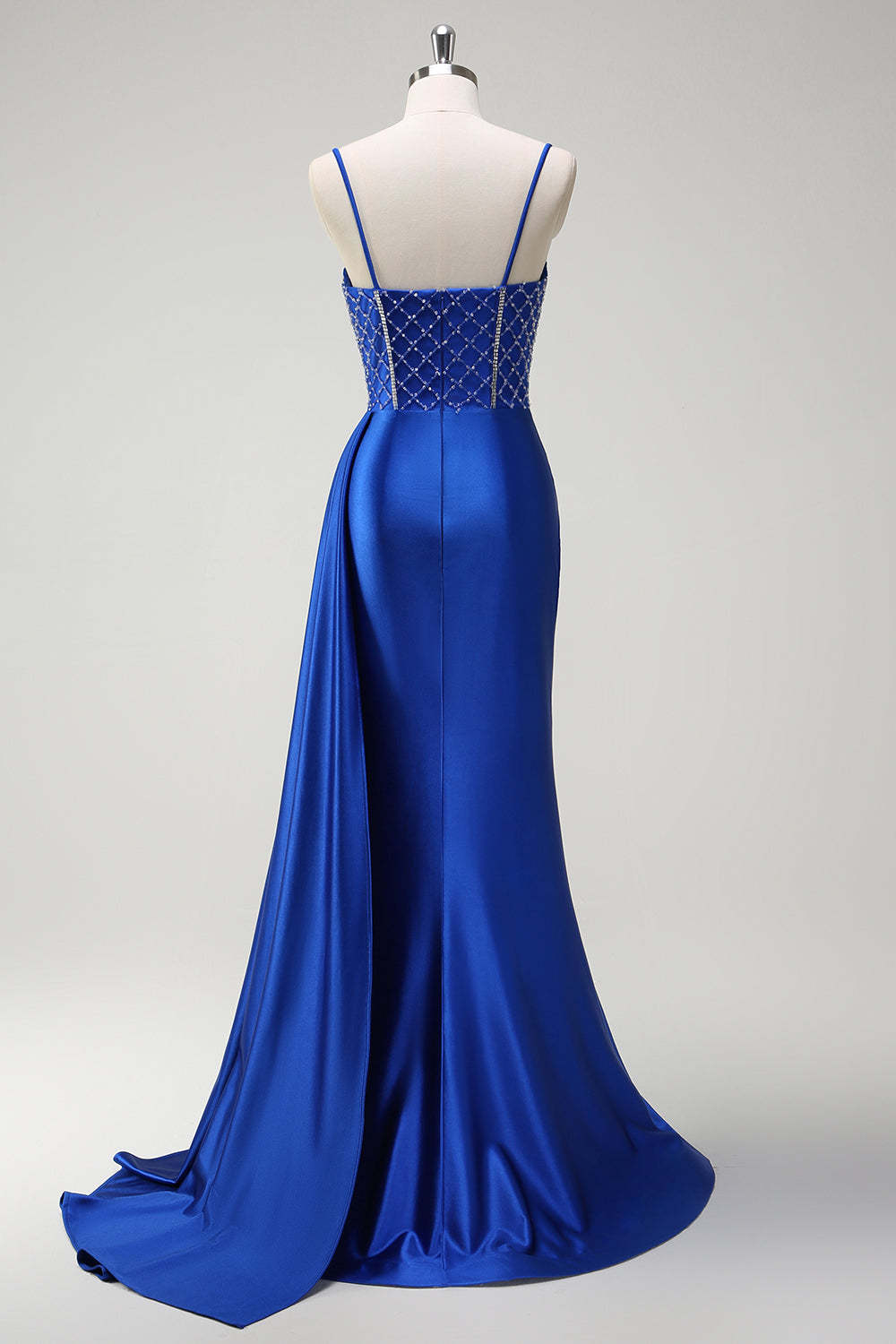Royal Blue Satin Mermaid Prom Dress with Glitter Beading and Spaghetti Straps