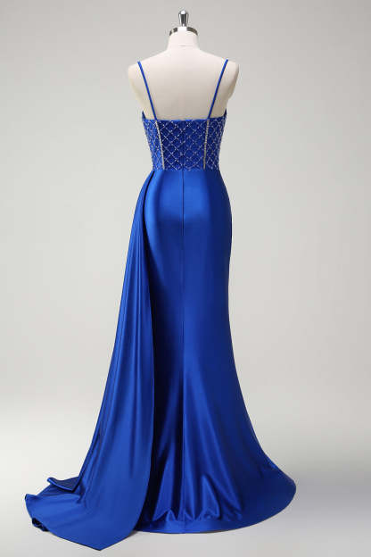 Royal Blue Satin Mermaid Prom Dress with Glitter Beading and Spaghetti Straps
