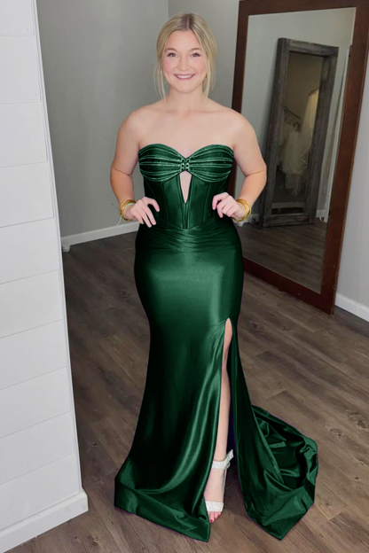Long Dark Green Beaded Prom Dress with Sparkly Corset and Slit
