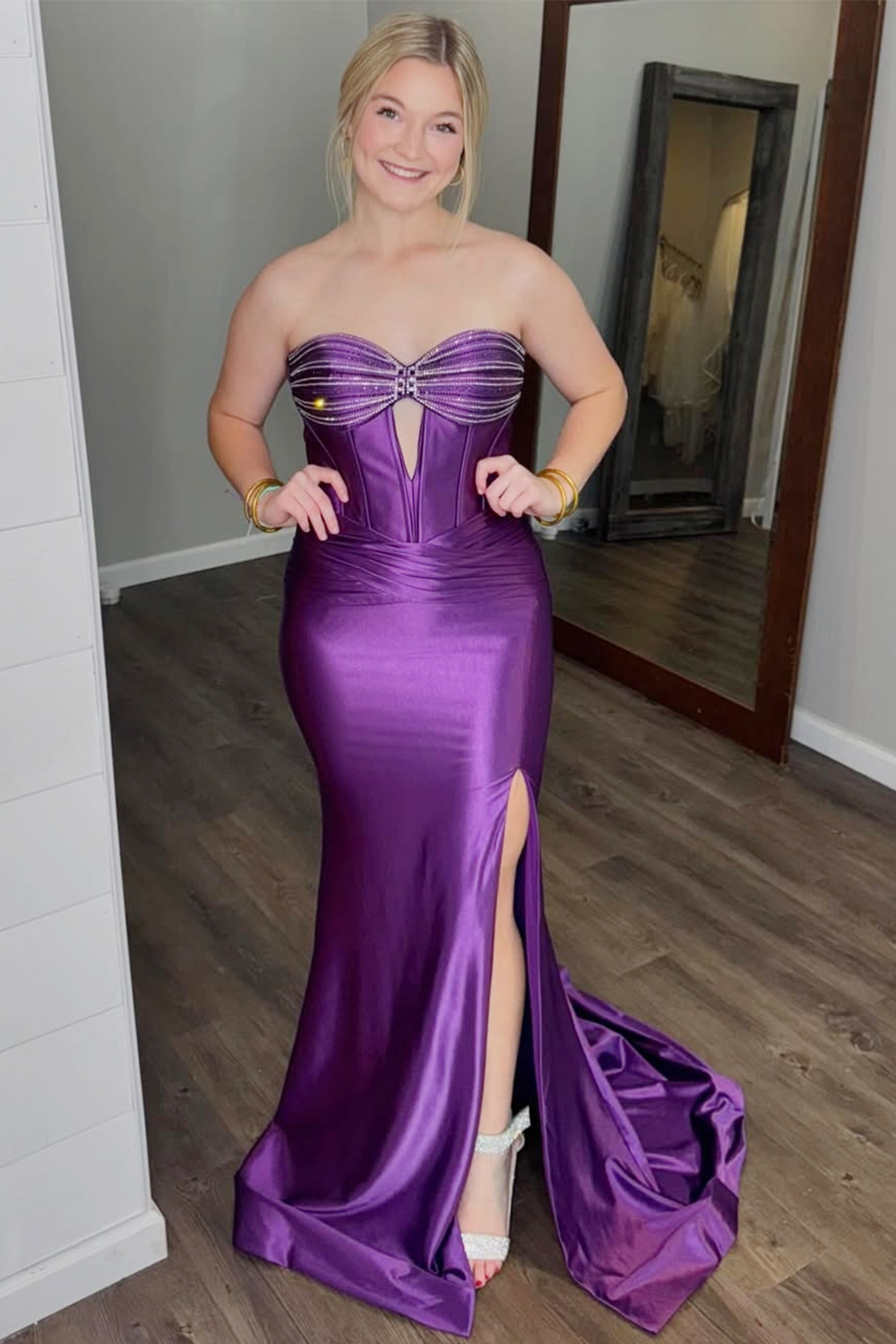 Long Dark Green Beaded Prom Dress with Sparkly Corset and Slit