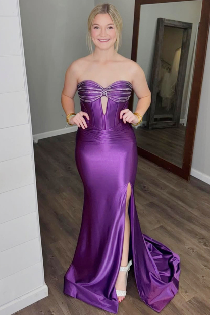 Long Dark Green Beaded Prom Dress with Sparkly Corset and Slit