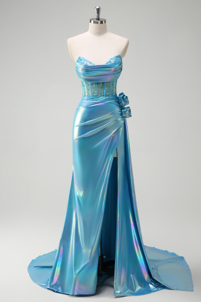 Metallic White Beaded Mermaid Corset Prom Dress with Strapless Cape